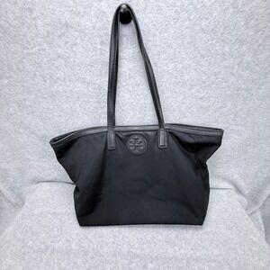 Tory Burch Ella Nylon Tote Women Black Large Shoulder Bag Leather Trim